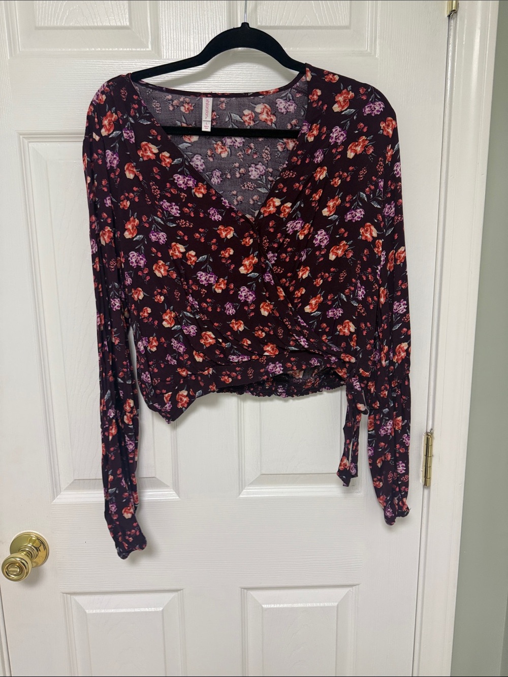 Xhilaration Plum Floral Wrap Crop Top - Red & Lavender Flowers